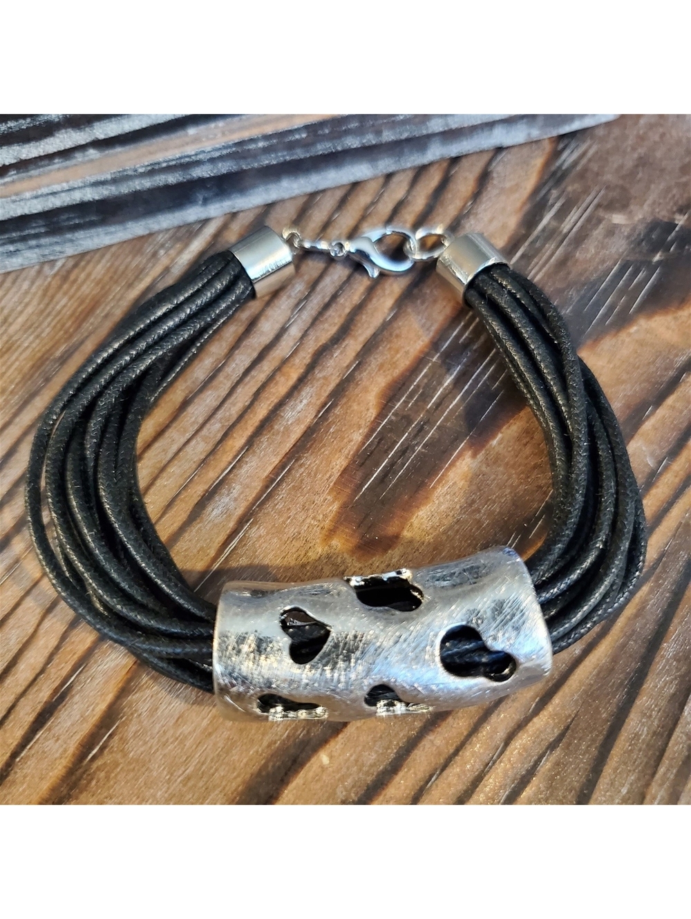 Avant Garde Silver Black Statement Bracelet Cutout Geometric Black Cotton